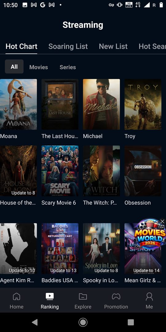 FreeCine movie ranking screen in FreeCine APK latest version